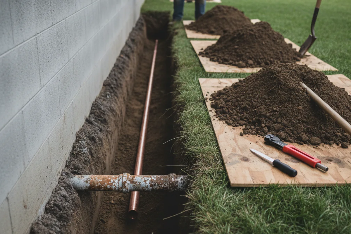 Excavated water line trench during Sewer Line Repair in Wellington